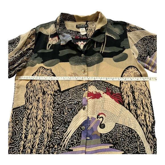 VINTAGE CITRON Crane Print Silk Button Down | L | Multicolor | Boho Resort - Picture 5 of 10